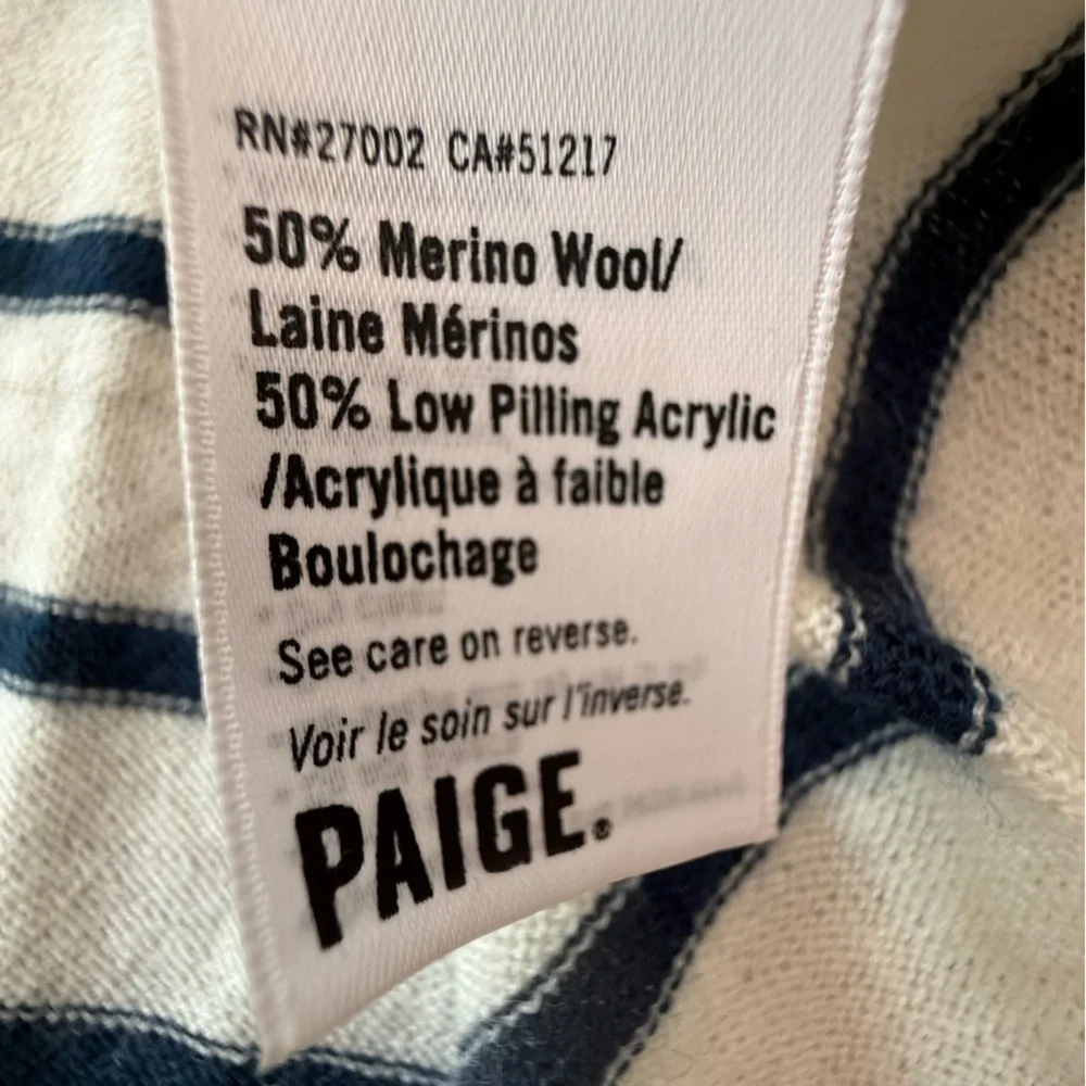 Paige Merino Wool Blend Long Sleeve Striped Crewneck Navy Cream Size Medium - Picture 5 of 7